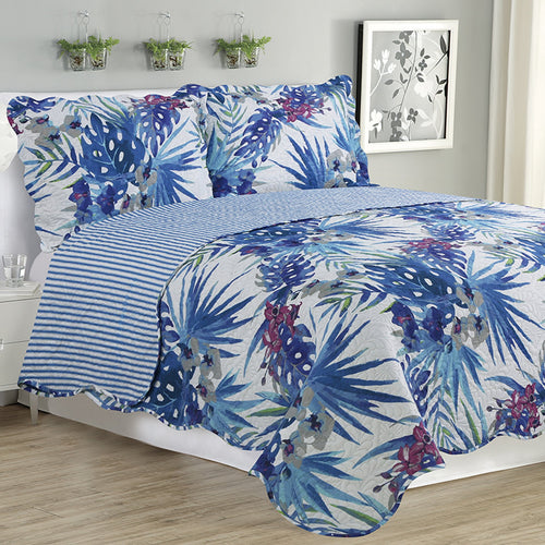 Melissa - 3 Piece Quilt Set - Blue Floral - ModernMonaStudio