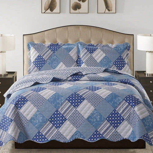 Jennifer 3 Piece Quilt Set - Blue - ModernMonaStudio