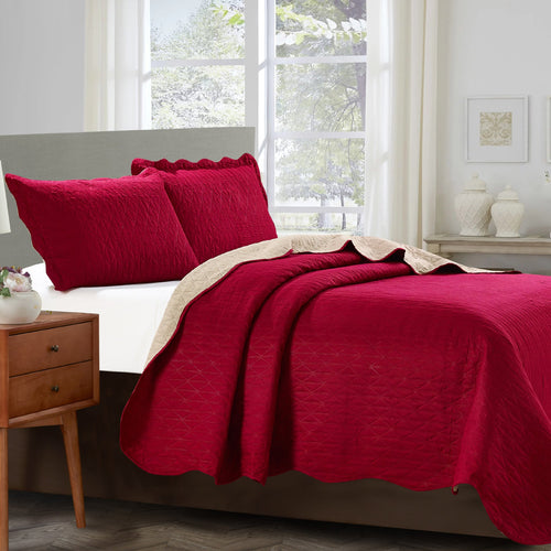 Sherry - 3 Piece - Solid Reversible Quilt Set - Burgundy - ModernMonaStudio