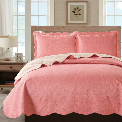 Sherry - 3 Piece - Solid Reversible Quilt Set - Coral - ModernMonaStudio
