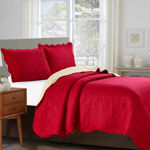 Sherry - 3 Piece - Solid Reversible Quilt Set - Red - ModernMonaStudio