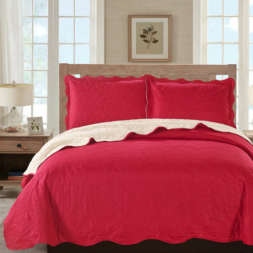 Sherry - 3 Piece - Solid Reversible Quilt Set - Red - ModernMonaStudio