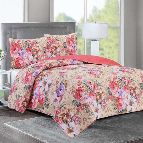 Elisa - 3 Piece Reversible Quilt Set - Rose Garden - ModernMonaStudio