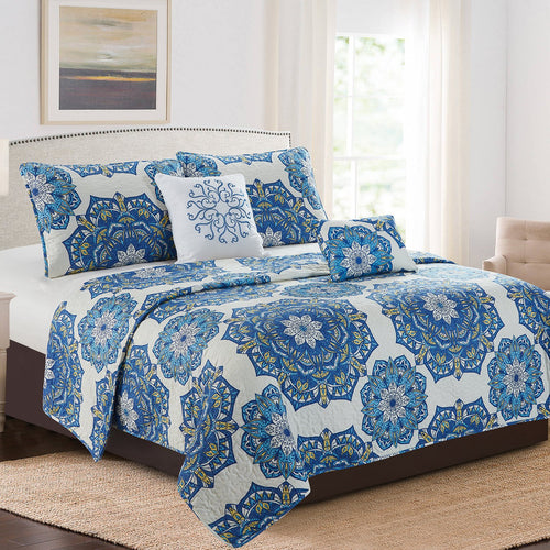 Karina - 5 Piece Quilt Set - Royal Blue Medallion - ModernMonaStudio