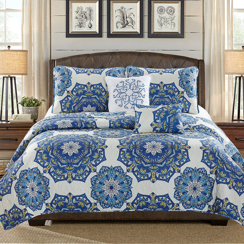 Karina - 5 Piece Quilt Set - Royal Blue Medallion - ModernMonaStudio