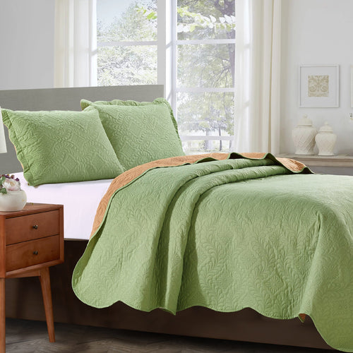 Sherry - 3 Piece - Solid Reversible Quilt Set - Sage - ModernMonaStudio
