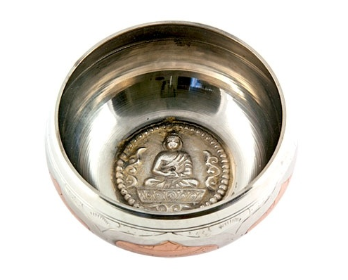 Lord Buddha Two Toned Silver White & Copper Tibetan Meditation Singing Bowl - 4"D - ModernMonaStudio