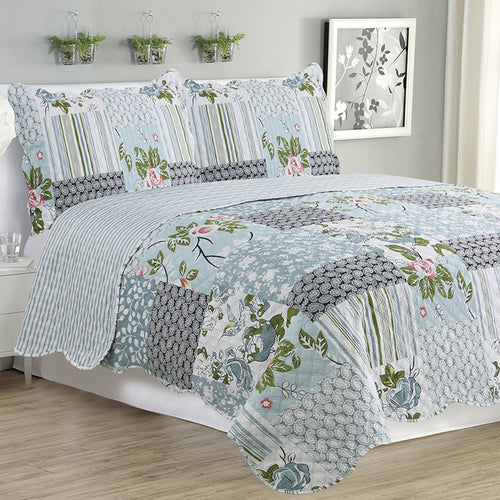 Kim - 3 Piece Quilt Set - Silver Bird Floral - ModernMonaStudio