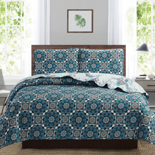 Juliet 3 Piece Quilt Set - Navy Lotus - ModernMonaStudio