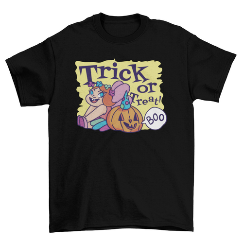 Girl in fairy costume halloween and jack o lantern w/ quote "Trick or - ModernMonaStudio