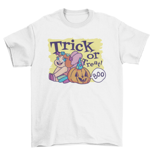 Girl in fairy costume halloween and jack o lantern w/ quote "Trick or - ModernMonaStudio