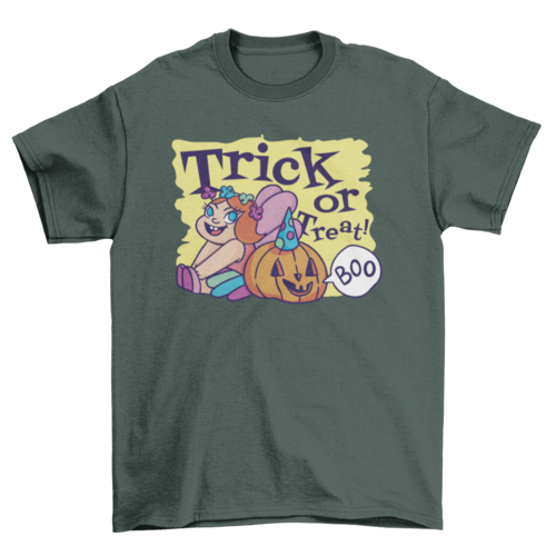 Girl in fairy costume halloween and jack o lantern w/ quote "Trick or - ModernMonaStudio