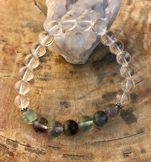 Rainbow Fluorite & Crystal Quartz Stretch Bracelet! Natural Gemstones! - ModernMonaStudio