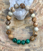 Genuine Malachite & Picture Jasper Stretch Bracelet! Rare Gemstone! - ModernMonaStudio