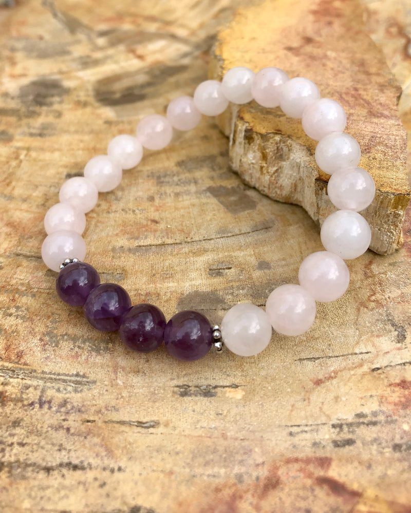 Rose Quartz & Amethyst Stretch Bracelet! Natural Crystals! - ModernMonaStudio