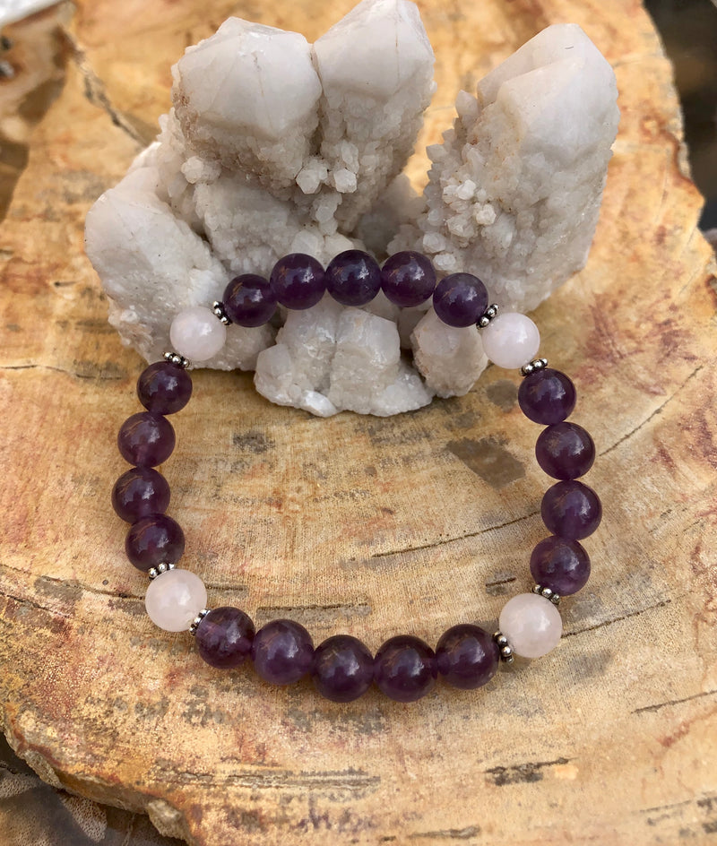 Amethyst & Rose Quartz Stretch Bracelet! Natural Crystals! - ModernMonaStudio