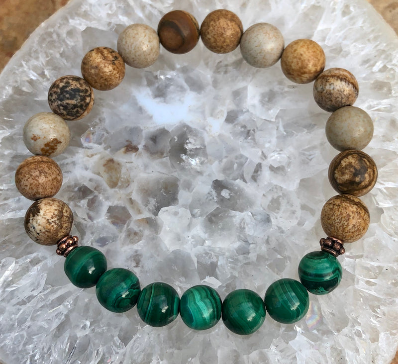 Malachite & Picture Jasper Stretch Bracelet! Genuine Stones! - ModernMonaStudio