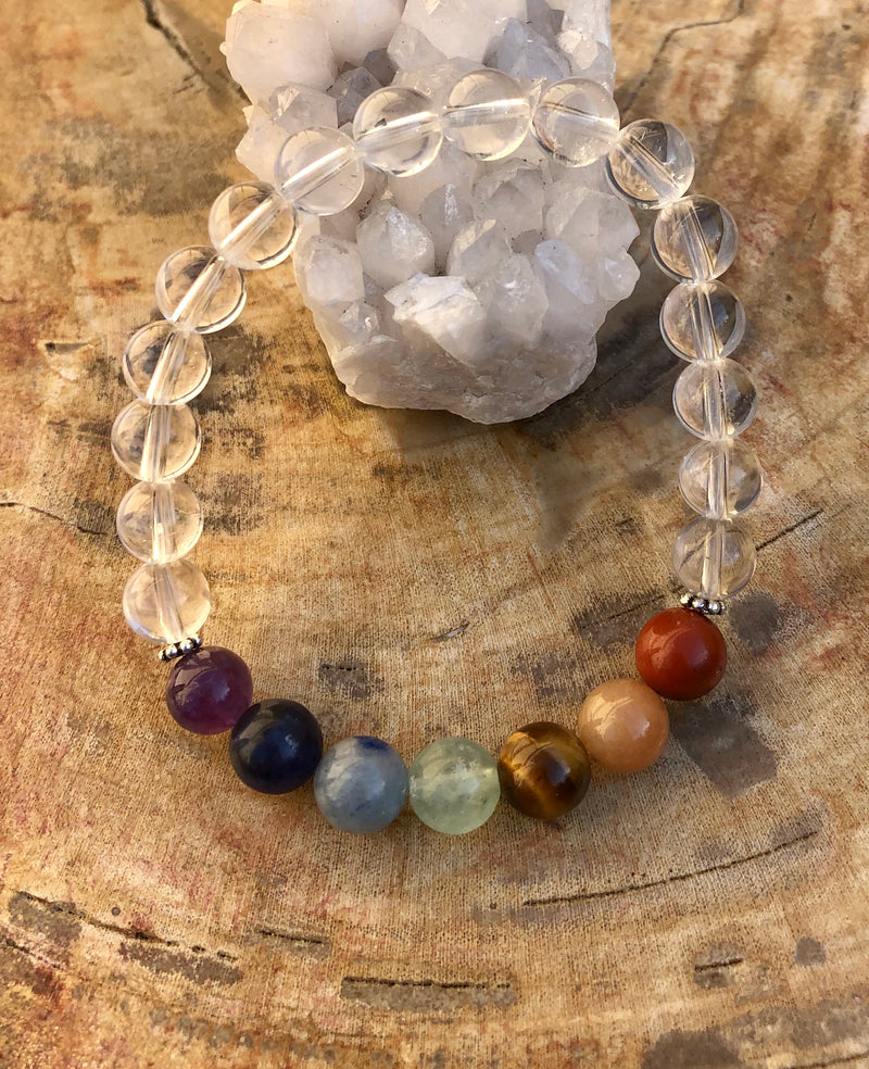 Chakra & Crystal Quartz Stretch Bracelet! Handmade Natural Stones! - ModernMonaStudio