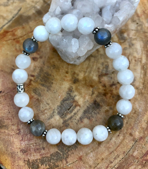 Rainbow Blue Moonstone & Blue Flash Labradorite Stretch Bracelet! - ModernMonaStudio