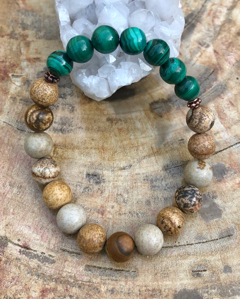 Malachite & Picture Jasper Stretch Bracelet! Genuine Stones! - ModernMonaStudio