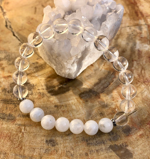 Rainbow Moonstone & Crystal Quartz Stretch Bracelet! Genuine Crystals! - ModernMonaStudio