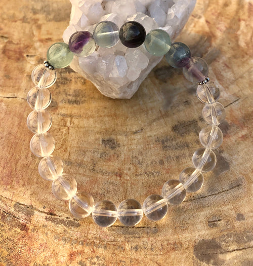 Rainbow Fluorite & Crystal Quartz Stretch Bracelet! Natural Gemstones! - ModernMonaStudio