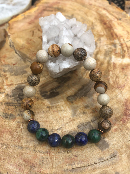 Malachite Chrysocolla & Picture Jasper Stretch Bracelet! Natural Gems! - ModernMonaStudio