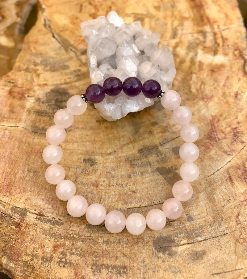 Rose Quartz & Amethyst Stretch Bracelet! Natural Crystals! - ModernMonaStudio