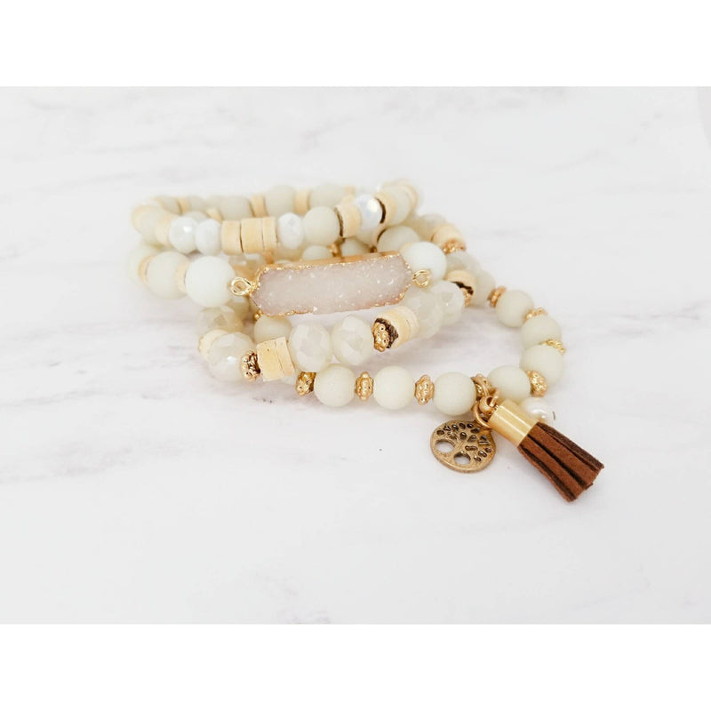 Tree of Life Semi precious tassel with pearl beaded druzy stretch bracelet with Charm