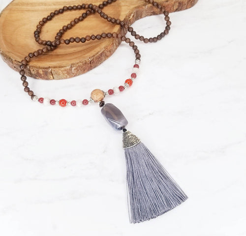 Grey Tassel Bead Boho Necklace with multi colored beads - Mala - Yoga Necklace - Meditation Necklace