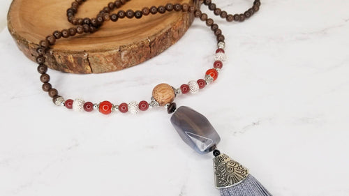 Grey Tassel Bead Boho Necklace with multi colored beads - Mala - Yoga Necklace - Meditation Necklace