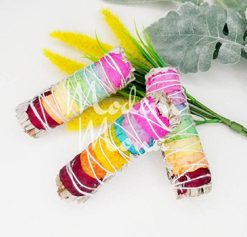 White Sage 7 Chakra Smudge - Rainbow Smudge - White Sage Smudge - White Sage with Rose Petals - ModernMonaStudio