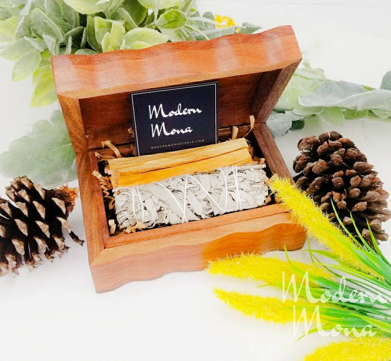 Cleansing Kit with Tree Of Life Box - Rosemary Smuge and Sage Smudge mix with Palo Santo in a Mango Wood Custom Box - ModernMonaStudio