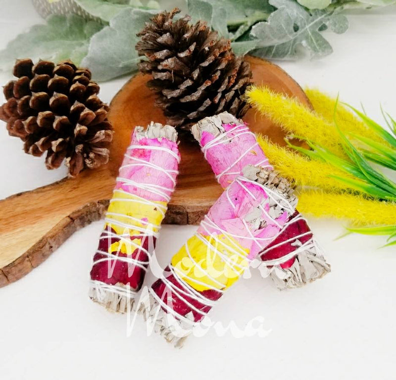 White Sage with Rose Petals - Rainbow Smudge - White Sage Smudge - White Sage with Rose Petals - ModernMonaStudio