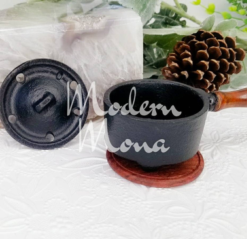 Petite Cast Iron Pot, Smudge Bowl with Wood Handle - Incense Smudge Bowl - Smudge Drum - Smudging Small Cauldron - Cast Iron Herb Bowl - ModernMonaStudio