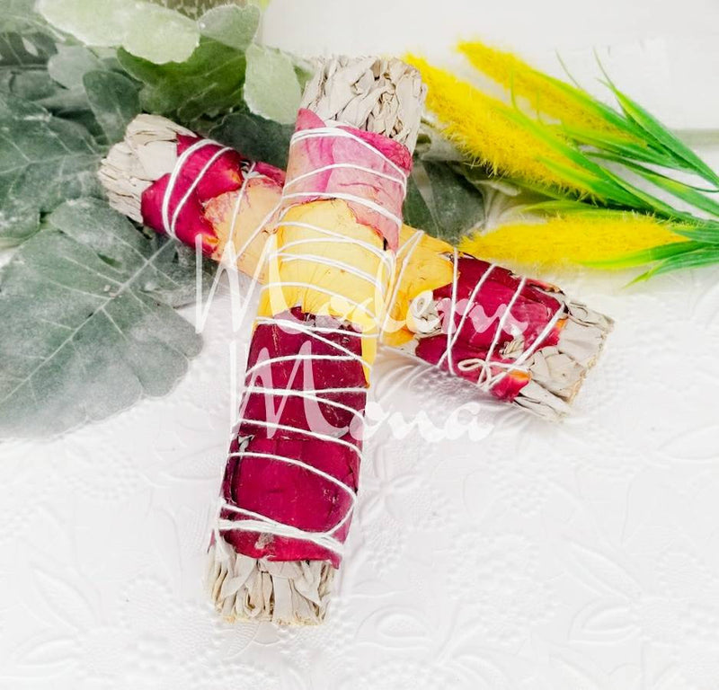 7"L - White Sage with Rose Petals - Rainbow Smudge - White Sage Smudge - White Sage with Rose Petals - ModernMonaStudio