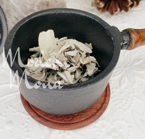 Petite Cast Iron Pot, Smudge Bowl with Wood Handle - Incense Smudge Bowl - Smudge Drum - Smudging Small Cauldron - Cast Iron Herb Bowl - ModernMonaStudio