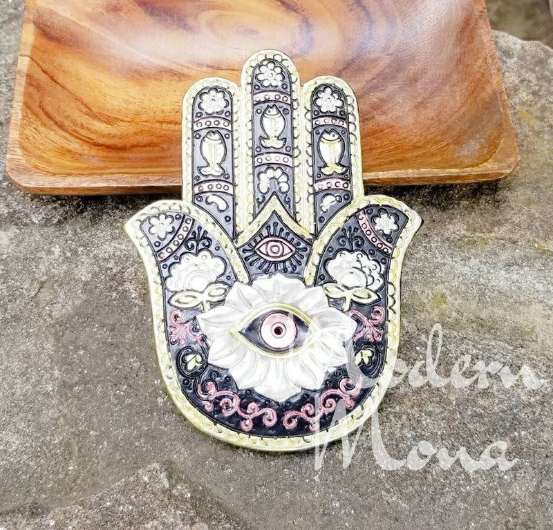 Golden Hamsa Hand Novelty Cone Burner - Hamsa Hand Incense Holder - Hand of Compassion Incense Burner - Hamsa Hand Gifts -Hamsa Paper Weight