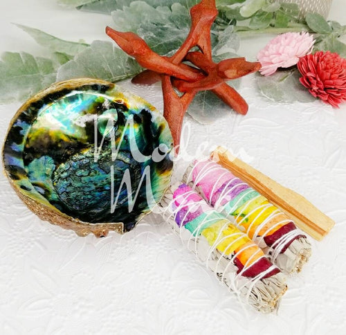 Smudge Cleansing Kit with Large Abalone Shell and Rosewood Stand, 7 Chakra Smudge with Palo Santo in a Box