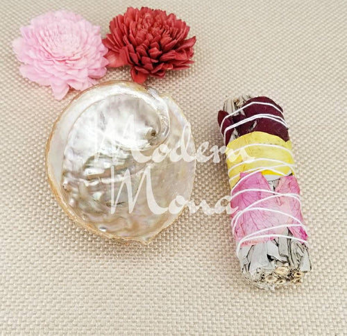 Smudge Kit with Red Abalone Shell and White Sage Rose Petal Smudge - ModernMonaStudio