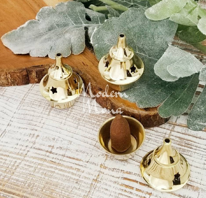 2"H - Brass Cone Burner Set, Mini Cone Burner Dome Set, Cone Incense Burner - ModernMonaStudio