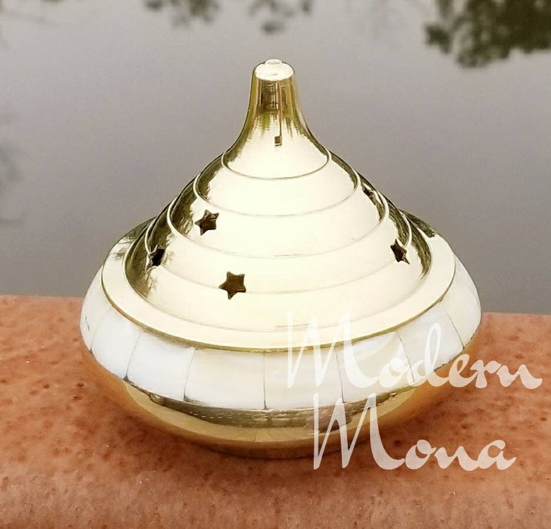 Lux Brass Mother Of Pearl Incense Burner, Brass Charcoal Burner, Brass Resin Incense Burner, Cone Burner Dome Set