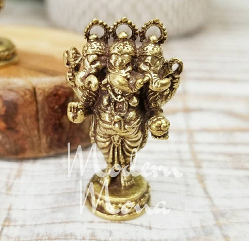 Three-headed Ganesha, Mini Trimukhi Ganpati, Brass Statue, Lord Ganesh Brass Statue, Dancing Lord Ganesh, Three-headed Ganesha - 1.5" Tall