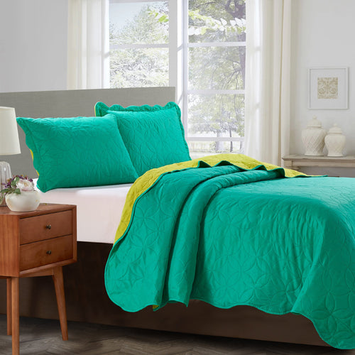 Sherry - 3 Piece - Solid Reversible Quilt Set - Turquoise - ModernMonaStudio